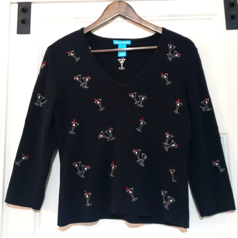 Alexandra Bartlett Womens M Knit Crop Martini Pullover Shirt 3/4 Sleeve Black